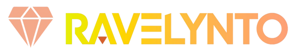 A logo featuring a peach-colored diamond icon on the left and the word 'RAVELYNTO' in yellow-to-orange gradient lettering on a white background.