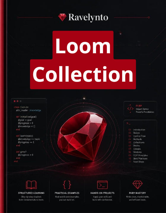 Promotional graphic for the Ravelynto Loom Collection, featuring a large red gemstone on a black background with red and white text blocks and small code/feature callouts.