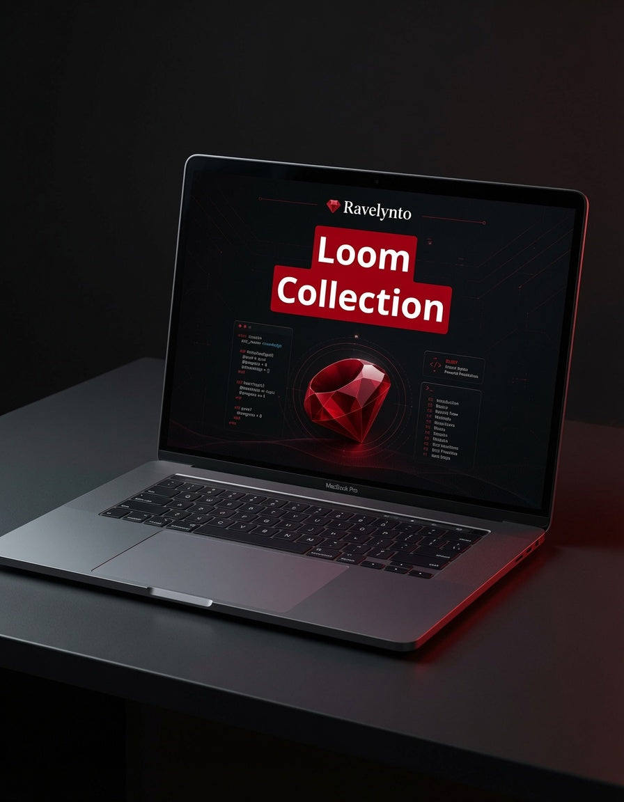 An open silver laptop sits on a dark table against a black background, displaying a screen with the text 'Ravelynto Loom Collection' and a red gem graphic.