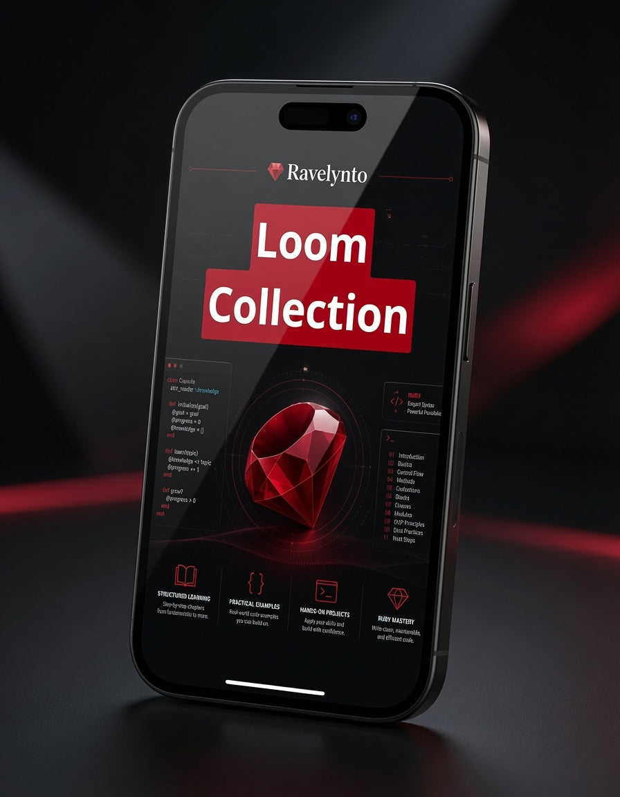 A black smartphone shown at an angle on a dark surface, displaying a digital interface for the Ravelynto Loom Collection with a large red gem graphic and red text blocks.