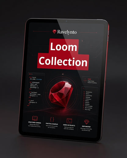 A tablet device shown at an angle on a dark studio background, displaying a digital interface with the text 'Ravelynto Loom Collection' and a red gem graphic.
