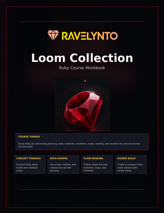 Promotional graphic for the 'Loom Collection' Ruby course workbook by RAVELYNTO. The design features a dark black background with red and gold accents, showcasing a 3D red gemstone graphic in the center and four key course modules listed at the bottom.