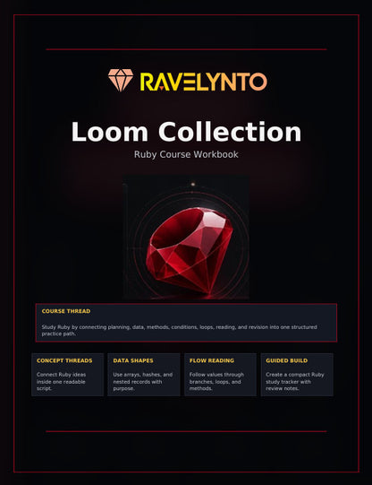 Promotional graphic for the 'Loom Collection' Ruby course workbook by RAVELYNTO. The design features a dark black background with red and gold accents, showcasing a 3D red gemstone graphic in the center and four key course modules listed at the bottom.