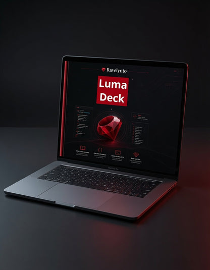 A silver laptop open on a dark surface, displaying a software interface on the screen with the text 'Ravelynio' and 'Luma Deck' in red and white. The laptop is photographed in a moody, low-light studio setup with red ambient lighting reflecting off the keyboard and screen.