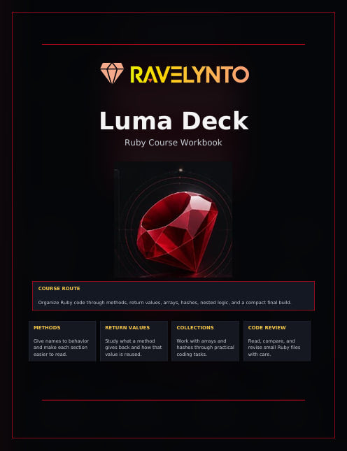 A digital cover for a Ruby course workbook titled 'Luma Deck' by Ravelynto, featuring a large faceted red gem graphic on a black background with course route text and four topic panels below.