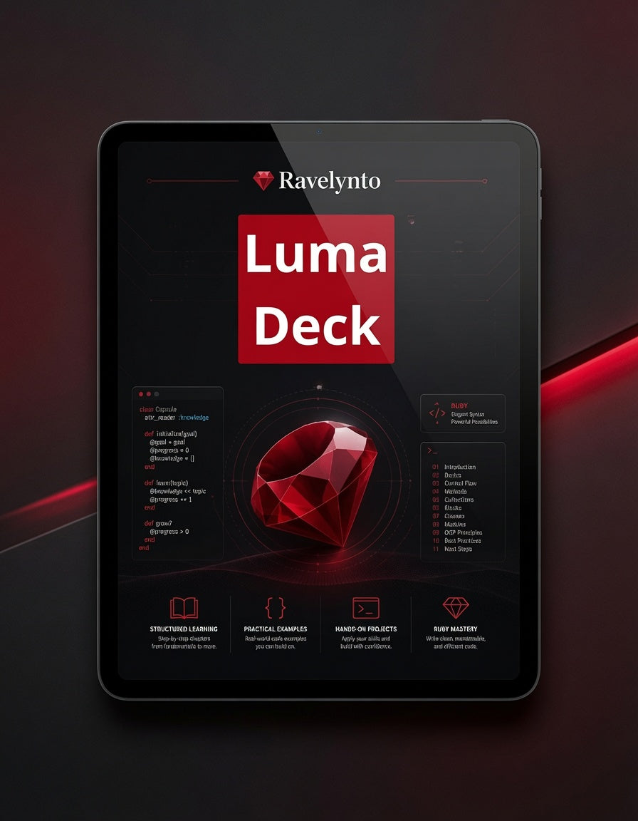A tablet device displaying a digital product cover titled 'Luma Deck' by Ravelynto, with a large red gem graphic and dark interface panels, set against a dark red and black background.
