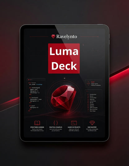 A tablet device displaying a digital product cover titled 'Luma Deck' by Ravelynto, with a large red gem graphic and dark interface panels, set against a dark red and black background.
