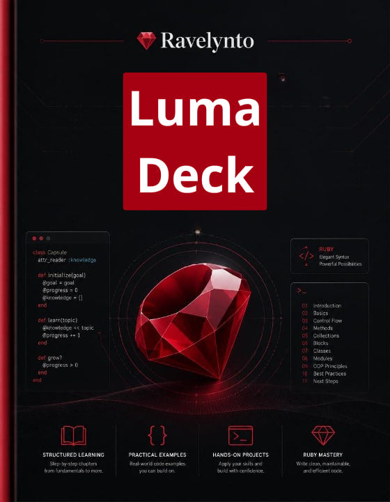 A book cover for 'Luma Deck' by Ravelynto, featuring a dark background with a large red gem icon in the center, white title text, and several small tech-style panels around the design.
