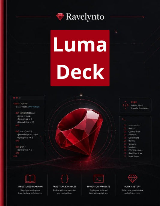 A book cover for 'Luma Deck' by Ravelynto, featuring a dark background with a large red gem icon in the center, white title text, and several small tech-style panels around the design.