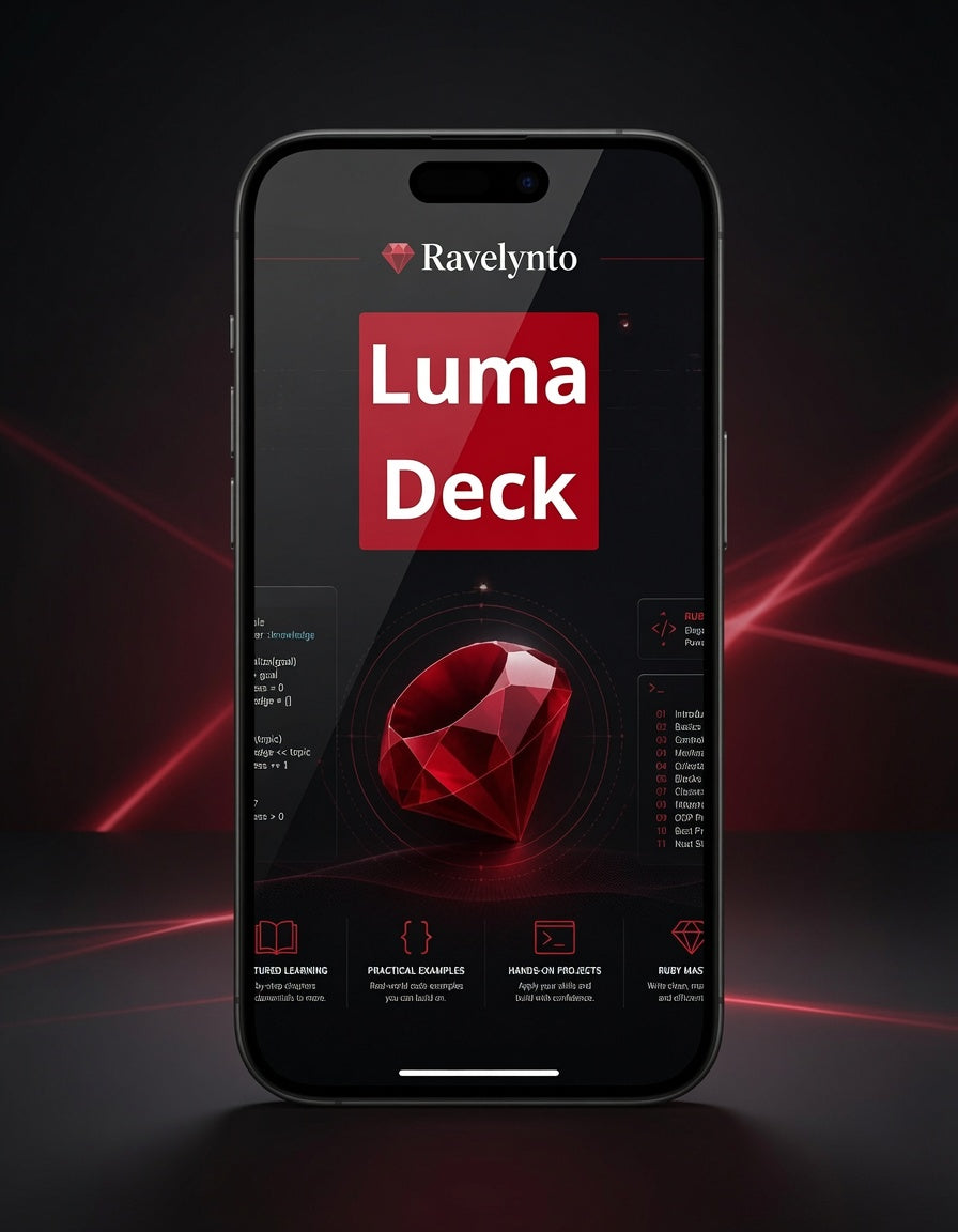 A smartphone centered on a dark background, displaying a digital interface for the Ravelynto Luma Deck with a large red gem graphic and red glowing light streaks around it.