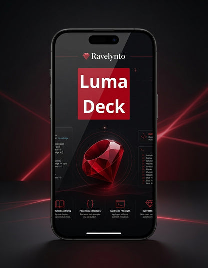 A smartphone centered on a dark background, displaying a digital interface for the Ravelynto Luma Deck with a large red gem graphic and red glowing light streaks around it.