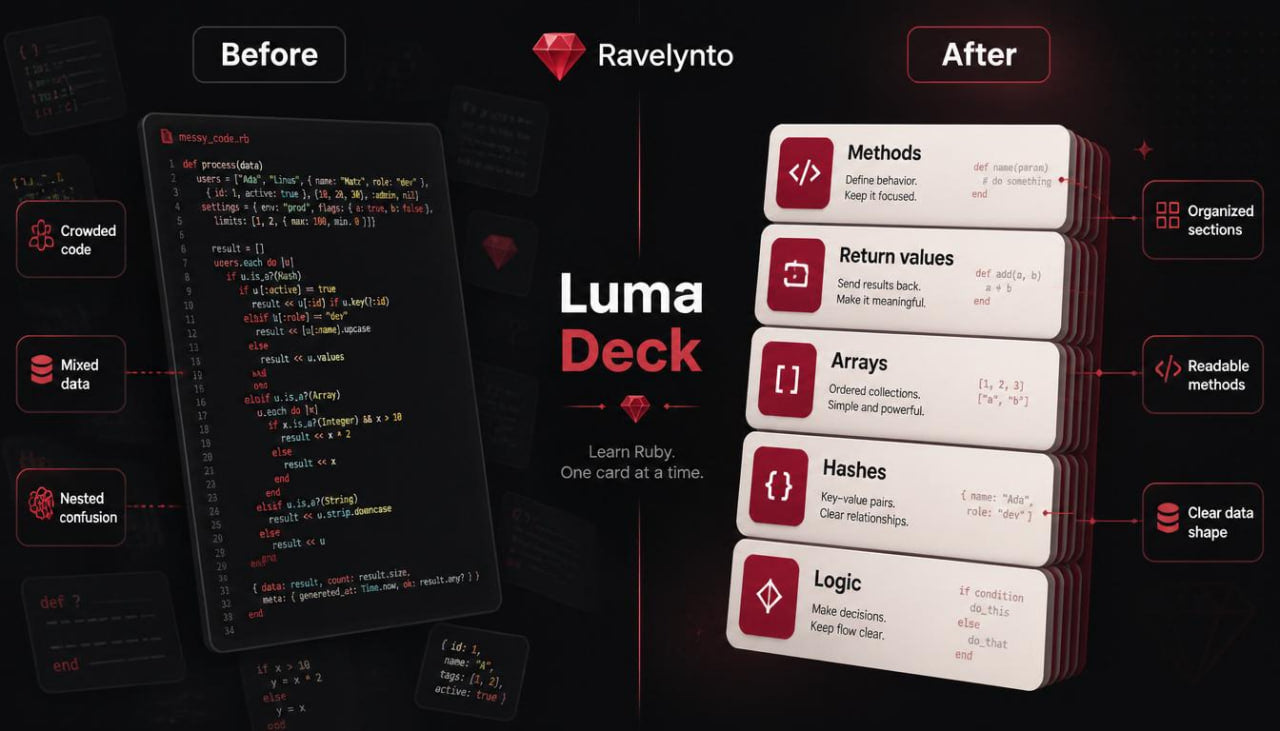 Promotional graphic for the Luma Deck coding card game by Ravelynto, showing a 'Before' state with a cluttered code screen and an 'After' state with neatly organized white cards labeled Methods, Return values, Arrays, Hashes, and Logic on a dark background.
