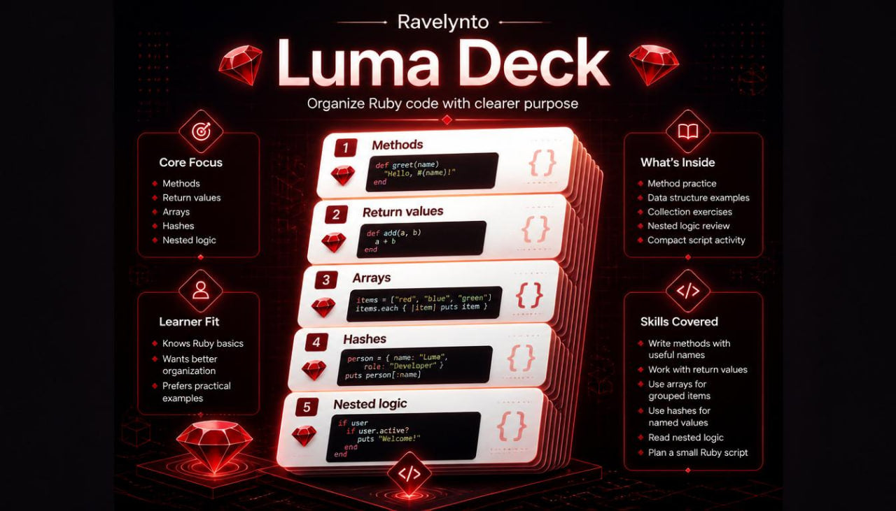 Promotional graphic for the Ravelynto Luma Deck, a Ruby code organization card deck, shown on a dark red and black background with text detailing core focus, what's inside, learner fit, and skills covered.