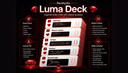 Promotional graphic for the Ravelynto Luma Deck, a Ruby code organization card deck, shown on a dark red and black background with text detailing core focus, what's inside, learner fit, and skills covered.