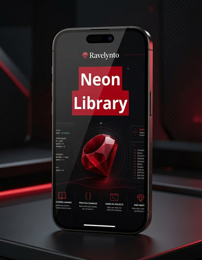 A smartphone shown upright on a dark surface, displaying a software interface titled 'Ravelynto Neon Library' with a large red gem graphic and red text blocks on the screen.