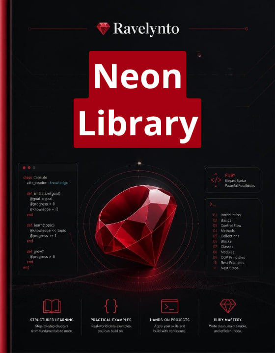 A book cover for 'Neon Library' by Ravelynto, featuring a dark background with a large red gemstone graphic and red title blocks.
