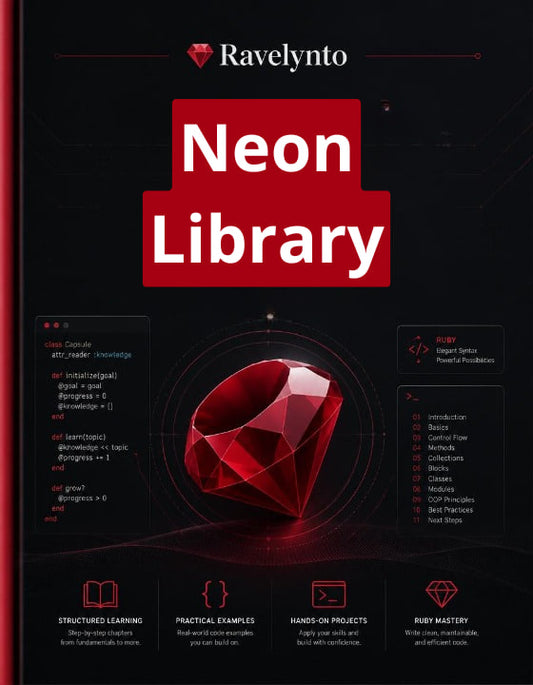 A book cover for 'Neon Library' by Ravelynto, featuring a dark background with a large red gemstone graphic and red title blocks.