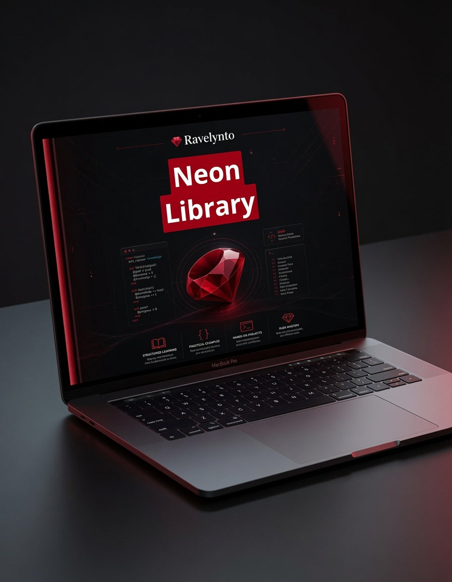 A silver laptop on a dark surface displaying a 'Ravelynto Neon Library' graphic on its screen, with red ambient lighting reflecting off the laptop body.