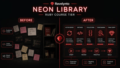 Promotional graphic for the 'Neon Library' Ruby course by Ravelynto, showing a dark library shelf with sticky notes labeled 'Before' and a structured, neon-red workflow labeled 'After'.