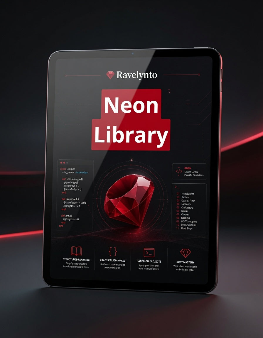 A tablet device shown upright on a dark surface, displaying a digital interface titled 'Ravelynto Neon Library' with a large red gem graphic and course or project panels on the screen.