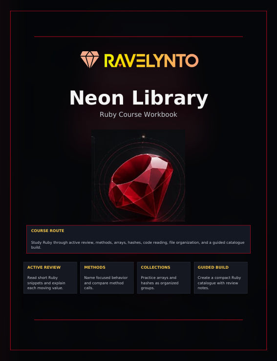 A dark promotional graphic for the Ravelynto Neon Library Ruby course workbook. The design has a black background with red and orange branding, white title text, and a large faceted red gem icon in the center.