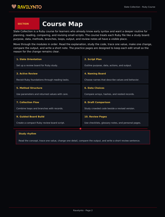 A digital preview page of a Ruby on Rails course map from Ravelynto, featuring a dark theme with white text and red accents outlining the curriculum sections.