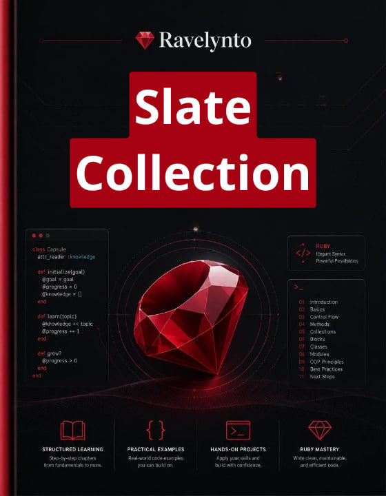 Promotional graphic for the Ravelynto Slate Collection, featuring a large red gemstone on a dark background with the title 'Slate Collection' in bold white text on red blocks.