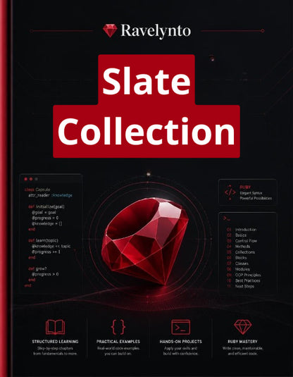 Promotional graphic for the Ravelynto Slate Collection, featuring a large red gemstone on a dark background with the title 'Slate Collection' in bold white text on red blocks.