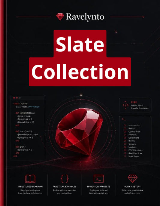 Promotional graphic for the Ravelynto Slate Collection, featuring a large red gemstone on a dark background with the title 'Slate Collection' in bold white text on red blocks.