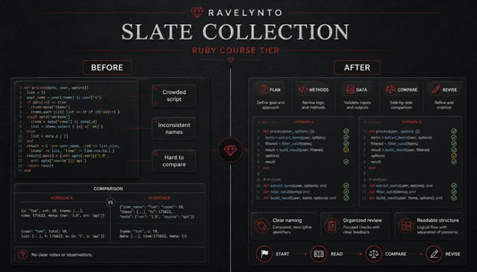 A dark promotional comparison graphic for the Ravelynto Slate Collection Ruby course, showing a 'Before' and 'After' code organization comparison with UI mockups and text on a black background.