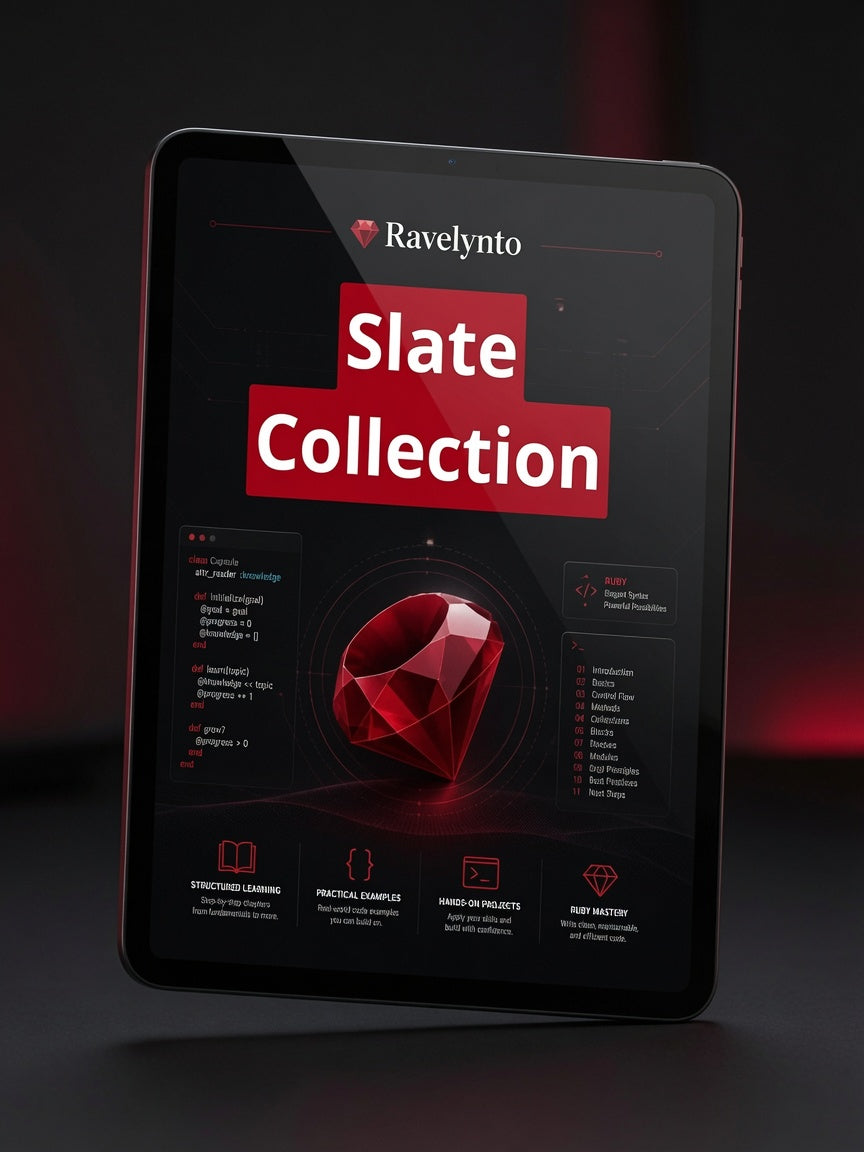 A tablet device displaying a digital interface titled 'Ravelynto Slate Collection' with a large red faceted gem graphic and dark UI panels, photographed against a dark studio background with red glow.