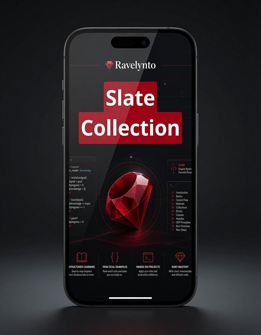 A black smartphone centered on a dark background, displaying a digital course or app interface titled 'Ravelynto Slate Collection' with a large red gem graphic and red text blocks.