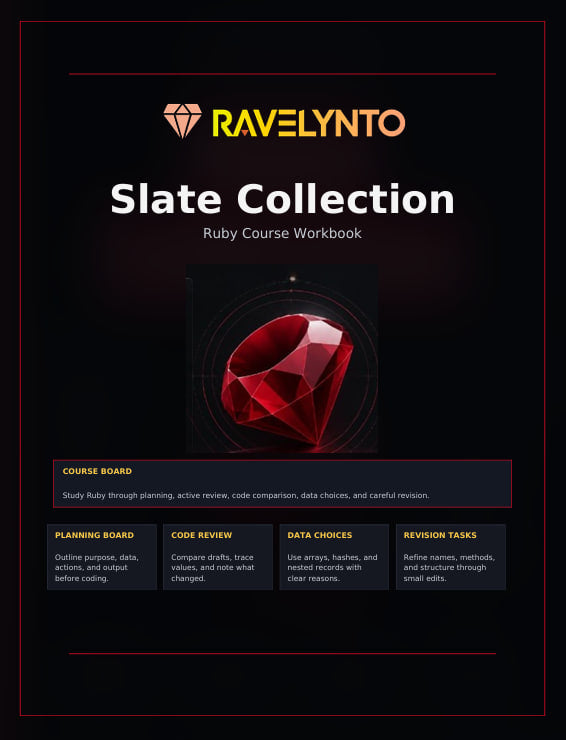 A dark promotional graphic for the Ravelynto 'Slate Collection' Ruby course workbook. The design has a black background with red and orange branding, white title text, and a large faceted red gem illustration in the center.
