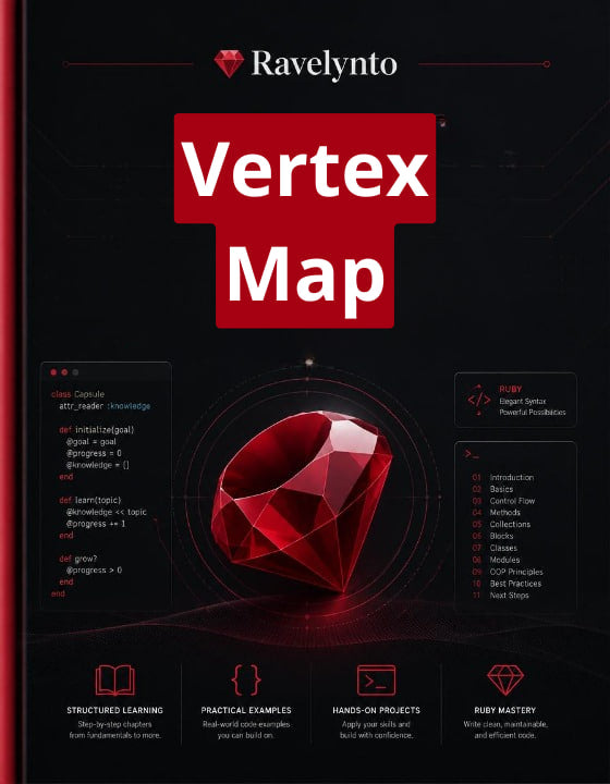 A book cover for 'Vertex Map' by Ravelynto, featuring a dark red and black design with a large faceted red gemstone in the center, white title text, and small tech-style icons and text blocks around it.