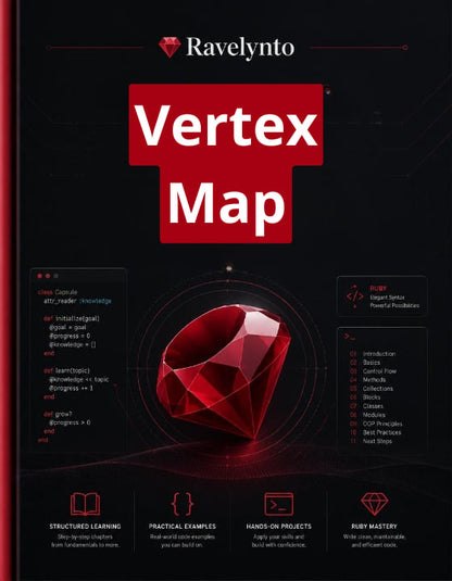 A book cover for 'Vertex Map' by Ravelynto, featuring a dark red and black design with a large faceted red gemstone in the center, white title text, and small tech-style icons and text blocks around it.