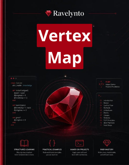 A book cover for 'Vertex Map' by Ravelynto, featuring a dark red and black design with a large faceted red gemstone in the center, white title text, and small tech-style icons and text blocks around it.