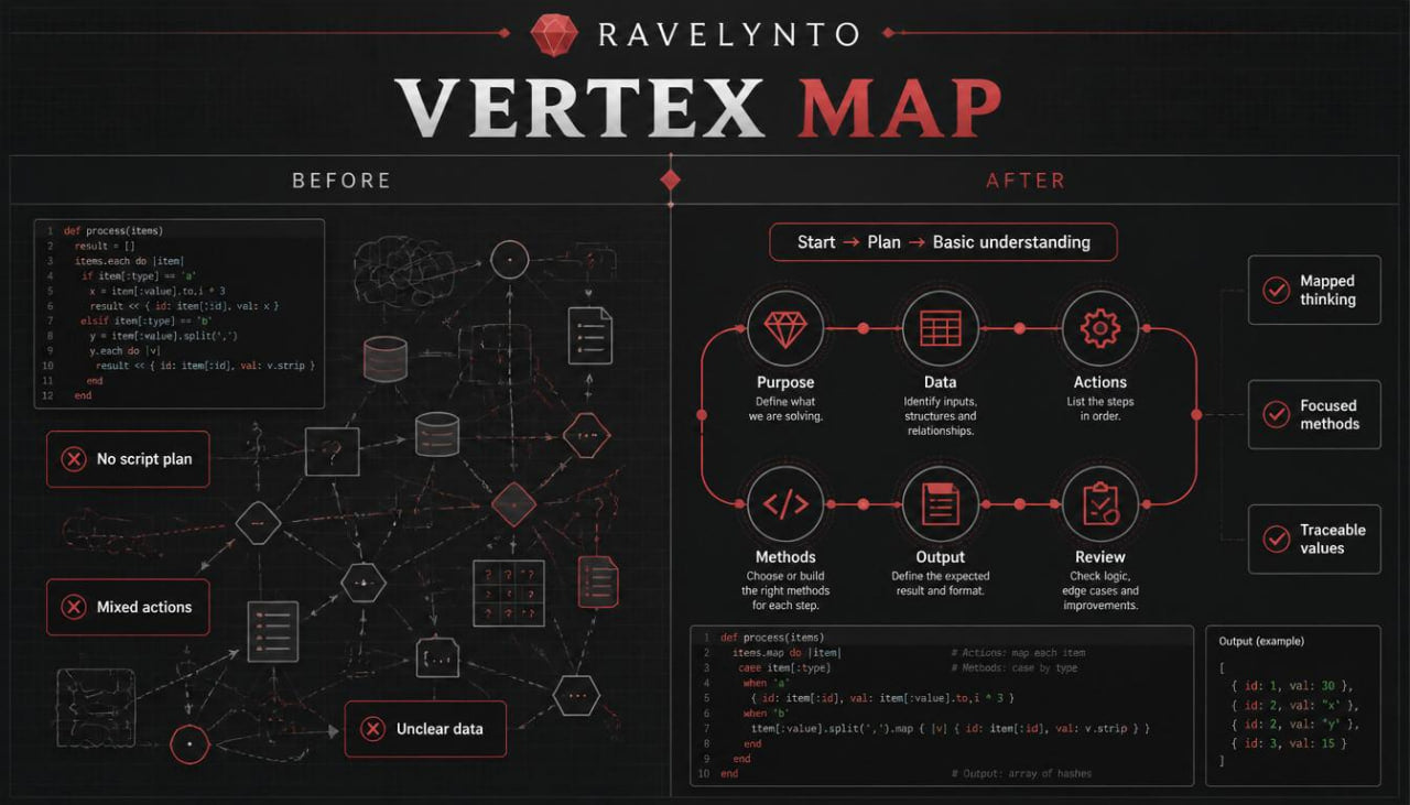 A dark-themed educational graphic titled 'RAVELYNTO VERTEX MAP' showing a before-and-after comparison of a programming workflow or database relationship diagram, with red and white text and line art on a black background.