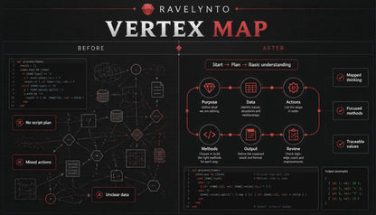 A dark-themed educational graphic titled 'RAVELYNTO VERTEX MAP' showing a before-and-after comparison of a programming workflow or database relationship diagram, with red and white text and line art on a black background.