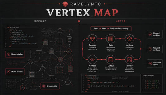 A dark-themed educational graphic titled 'RAVELYNTO VERTEX MAP' showing a before-and-after comparison of a programming workflow or database relationship diagram, with red and white text and line art on a black background.