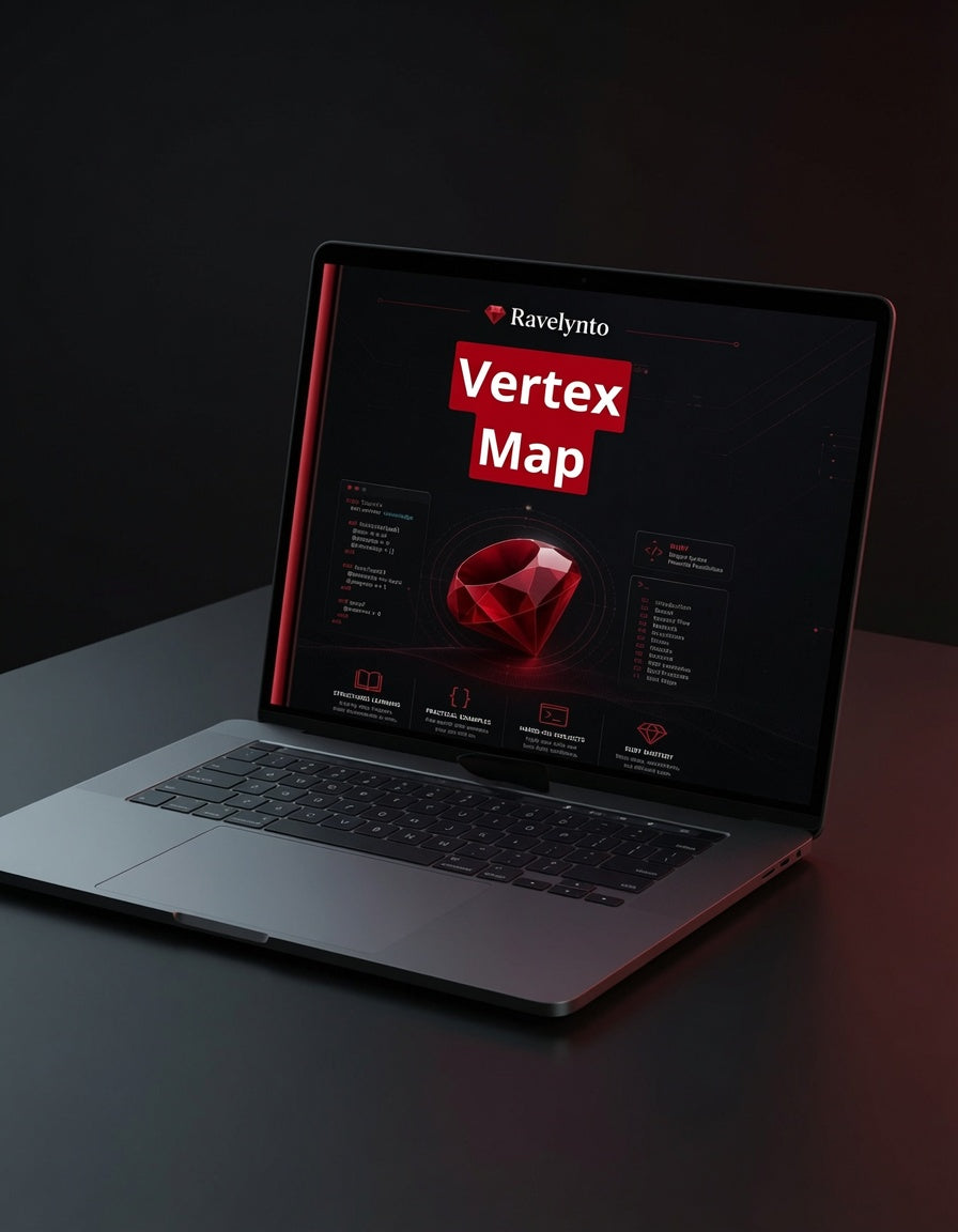 A silver laptop on a dark surface displaying a software interface titled 'Ravelyto Vertex Map' with a red gem graphic on a black screen.