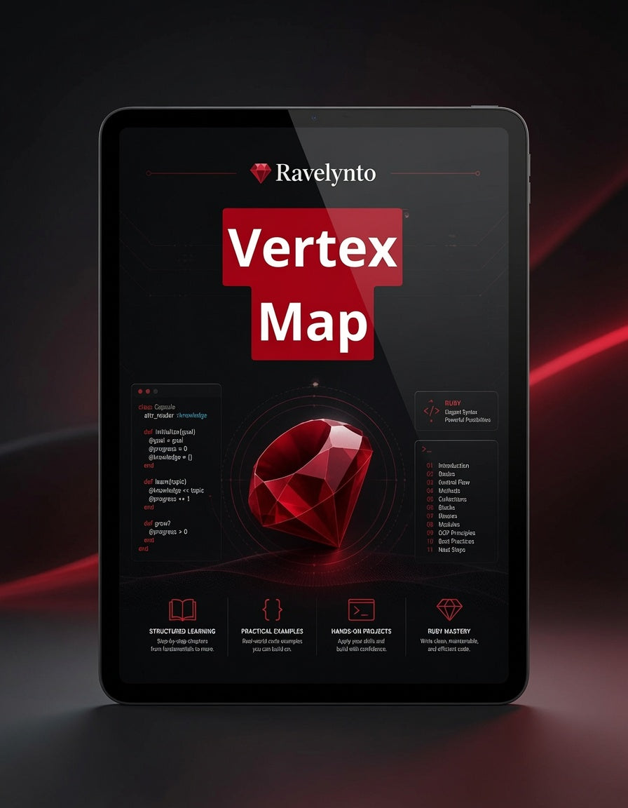 A tablet device displaying a dark-themed software interface titled 'Ravelynto Vertex Map,' with a large red gem graphic and red text blocks on the screen, set against a dark background with red light streaks.