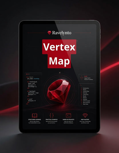 A tablet device displaying a dark-themed software interface titled 'Ravelynto Vertex Map,' with a large red gem graphic and red text blocks on the screen, set against a dark background with red light streaks.
