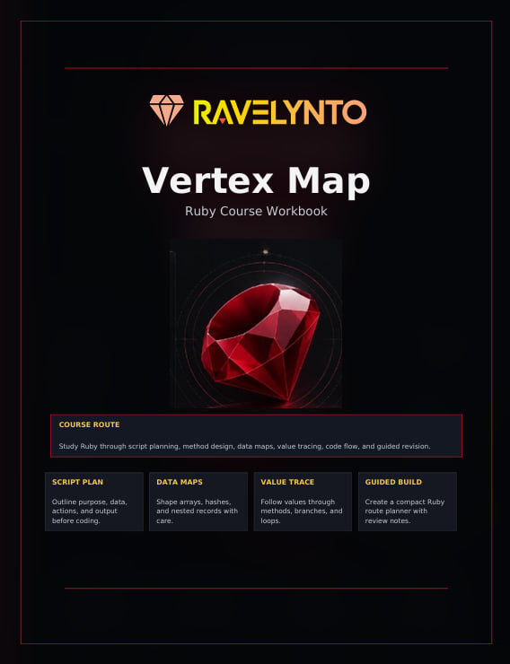 A digital cover for a Ruby course workbook titled 'Vertex Map' by RAVELYNTO, shown on a black background with red and white text and a large red gem graphic in the center.