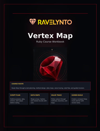A digital cover for a Ruby course workbook titled 'Vertex Map' by RAVELYNTO, shown on a black background with red and white text and a large red gem graphic in the center.