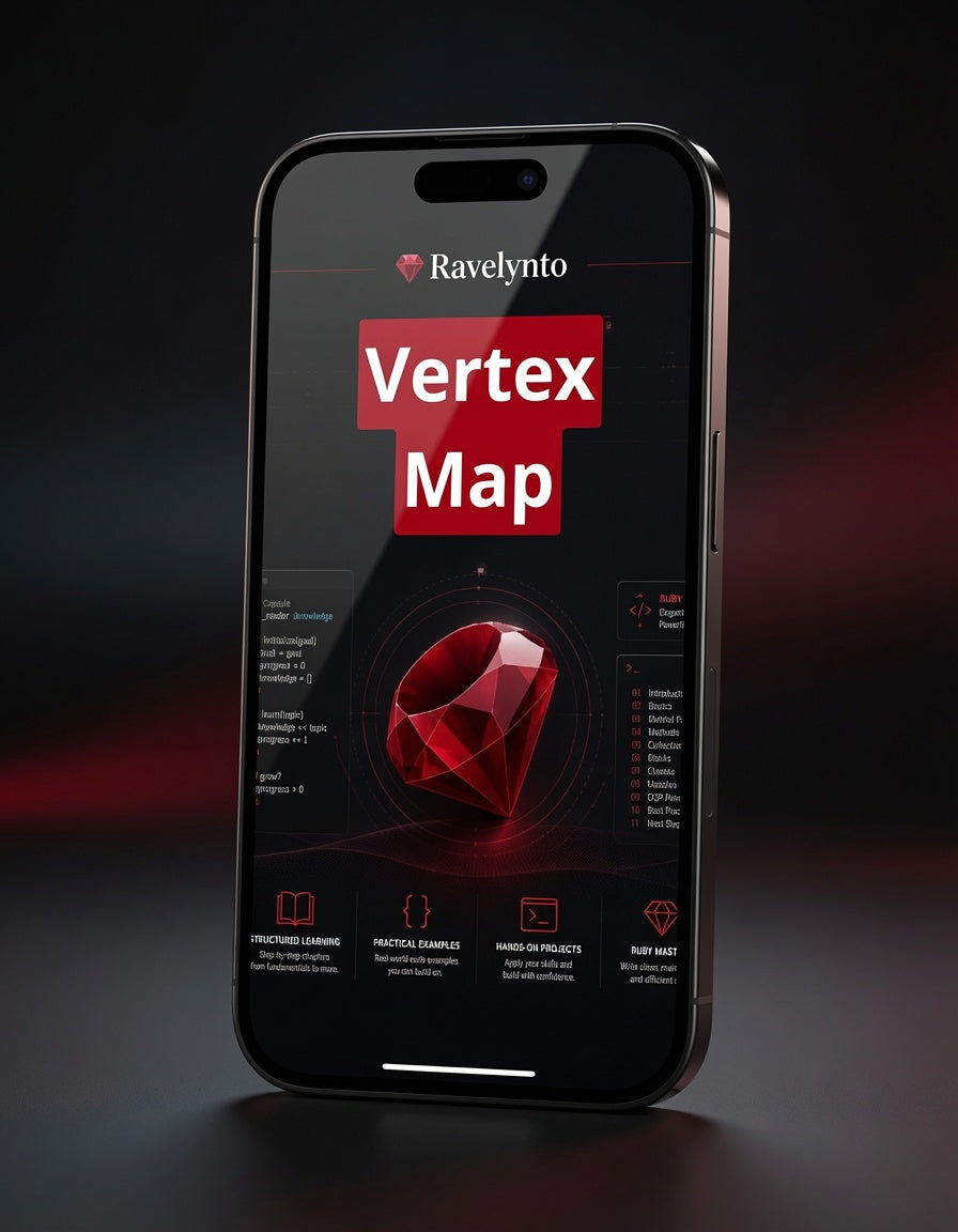 A black smartphone displaying a software interface titled 'Ravelyto Vertex Map' with a red gem graphic and interface panels, photographed against a dark studio background with red glow accents.